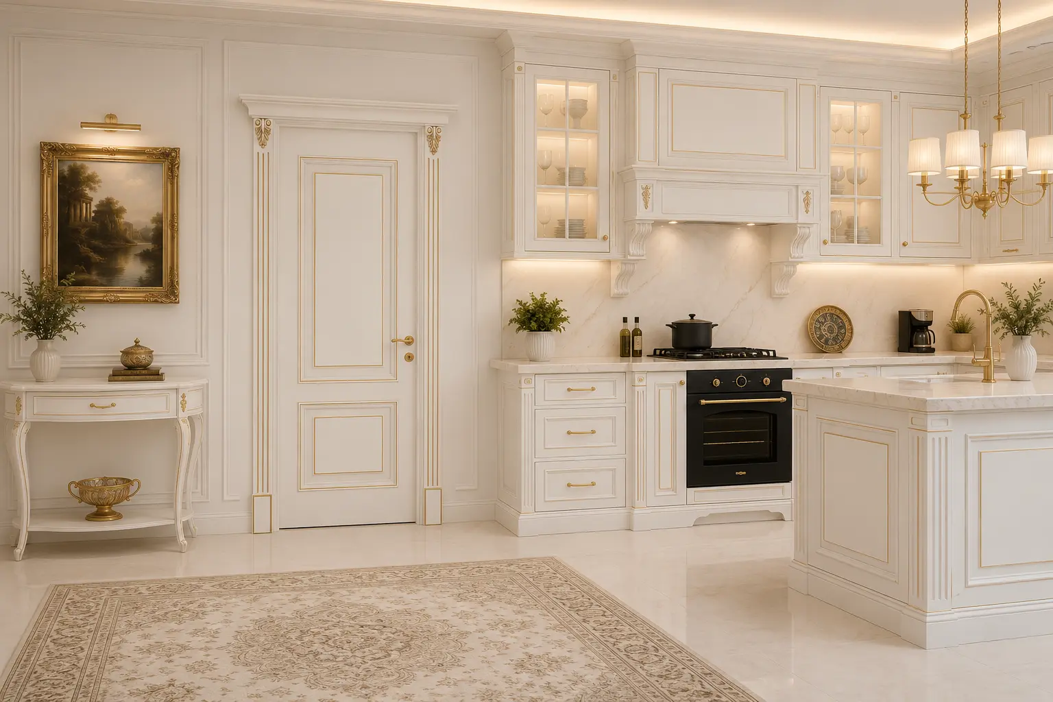 درب اتاقی و کابینت برجسته نئوکلاسیک سفید طلایی مدل دو قاب